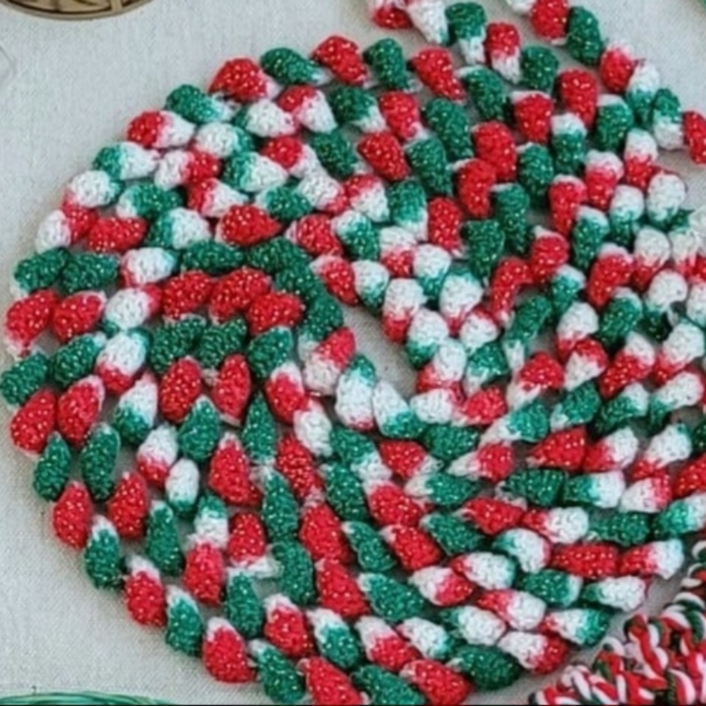 Vintage Handmade Yarn Christmas Garland, Approx. 13 Feet Long, Red, Green, White